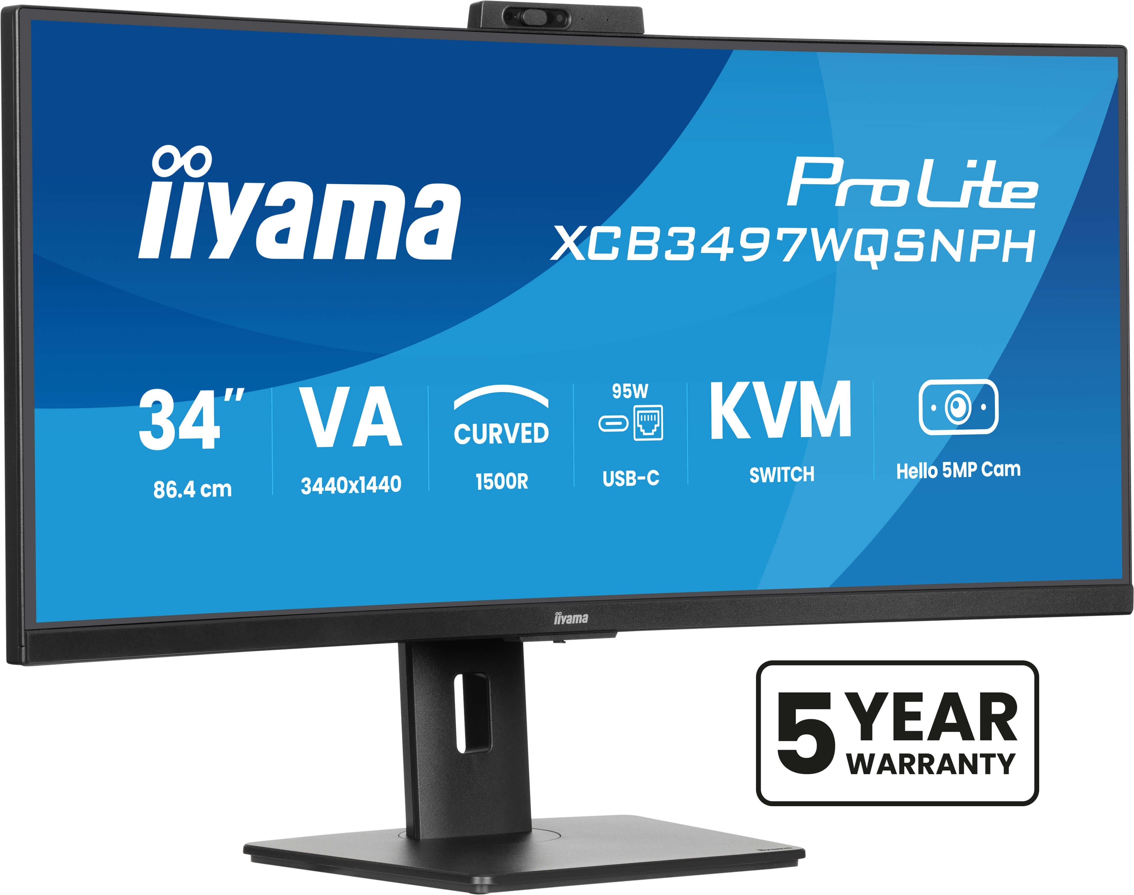ProLite 34 pouces incurvé - Écran LED VA UltraWide Quad HD - 3440x1440 - Station d'accueil USB-C - Commutateur KVM - Caméra Windows Hello - HAS / RJ45 XCB3497WQSNPH-B1