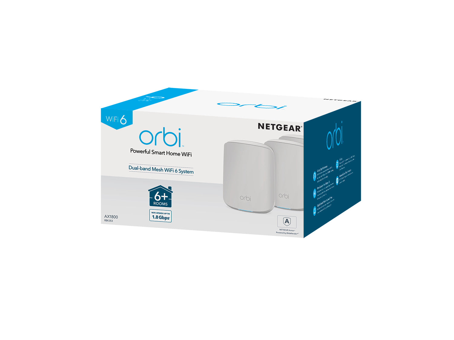 NETGEAR Orbi RBK353 AX1800 WiFi 6 Dual-band Mesh System Bi-bande (2,4 GHz / 5 GHz) Wi-Fi 6 (802.11ax) Blanc 7 Interne RBK353-100EUS