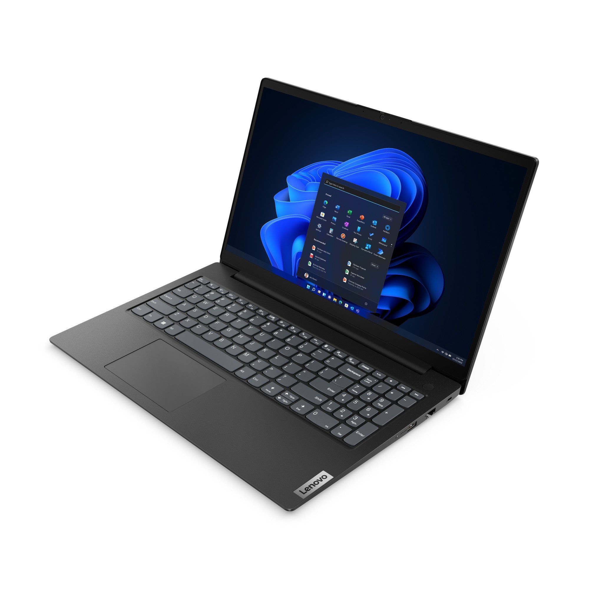 Zwarte Lenovo V15 laptop met Qwerty toetsenbord