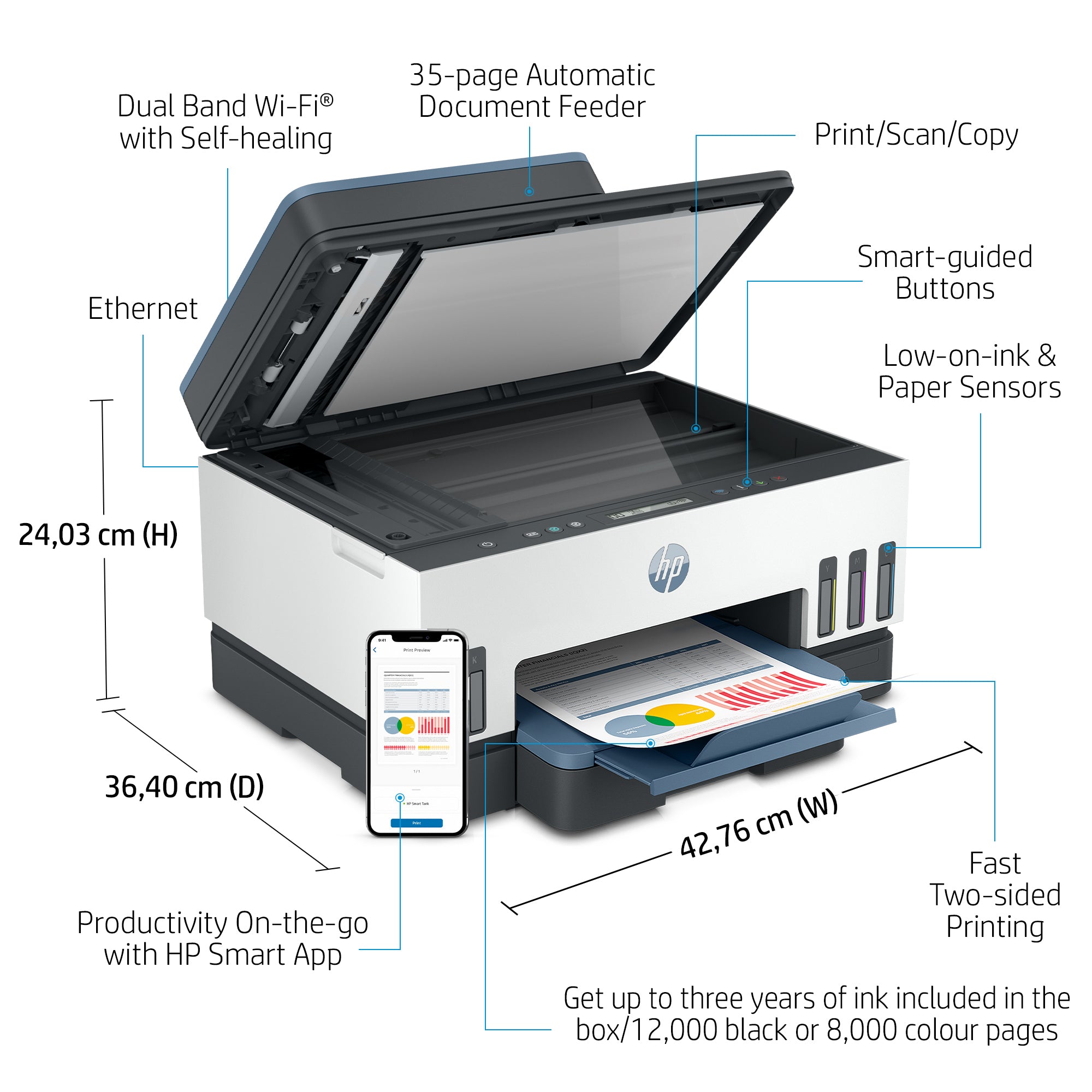 HP Smart Tank 7306 Draadloos All-in-One Kleur Printer, Dubbelzijdig printen; Kopieerapparaat, Scanner 28B76A#BHC