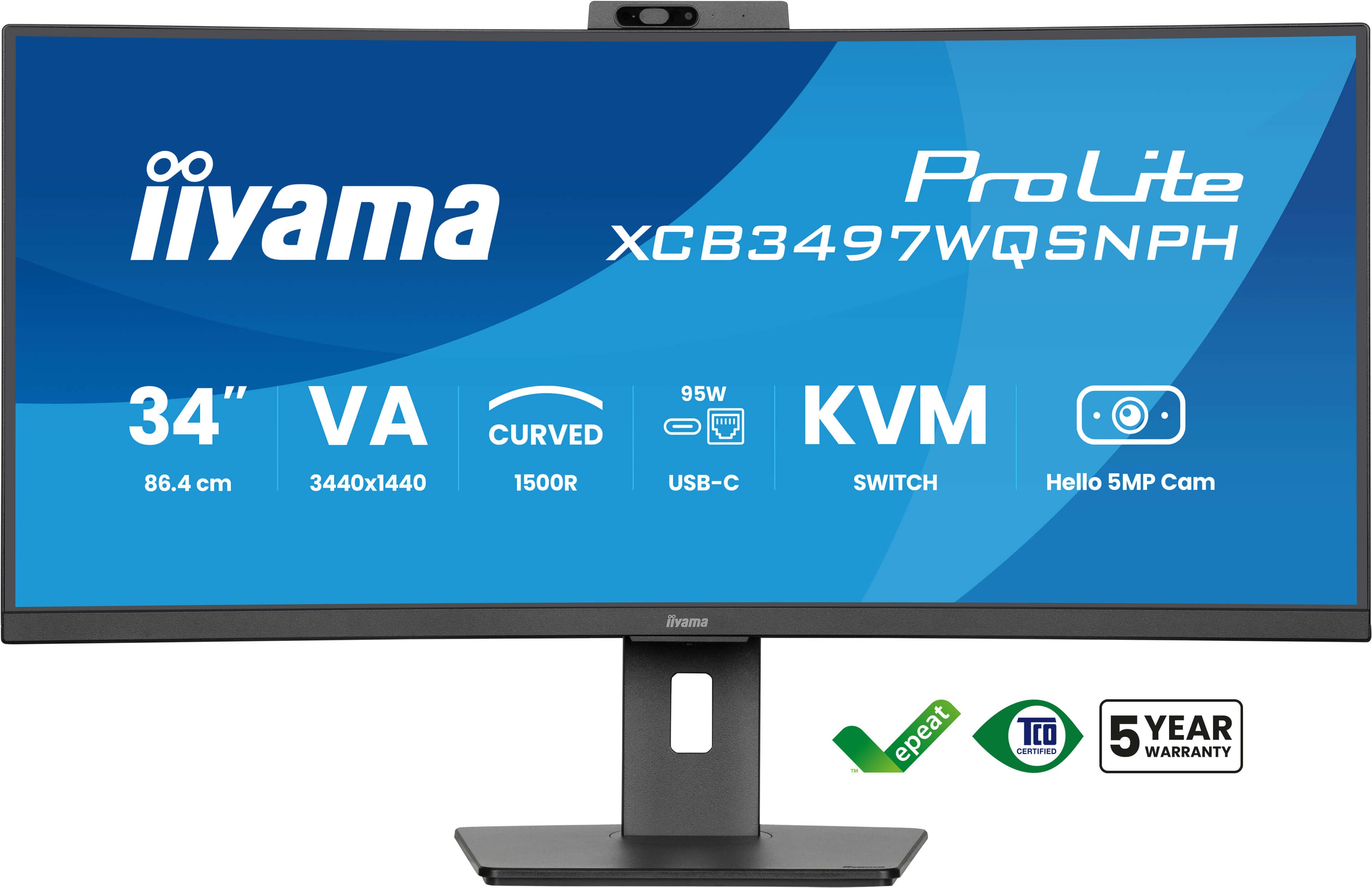 ProLite 34 pouces incurvé - Écran LED VA UltraWide Quad HD - 3440x1440 - Station d'accueil USB-C - Commutateur KVM - Caméra Windows Hello - HAS / RJ45 XCB3497WQSNPH-B1