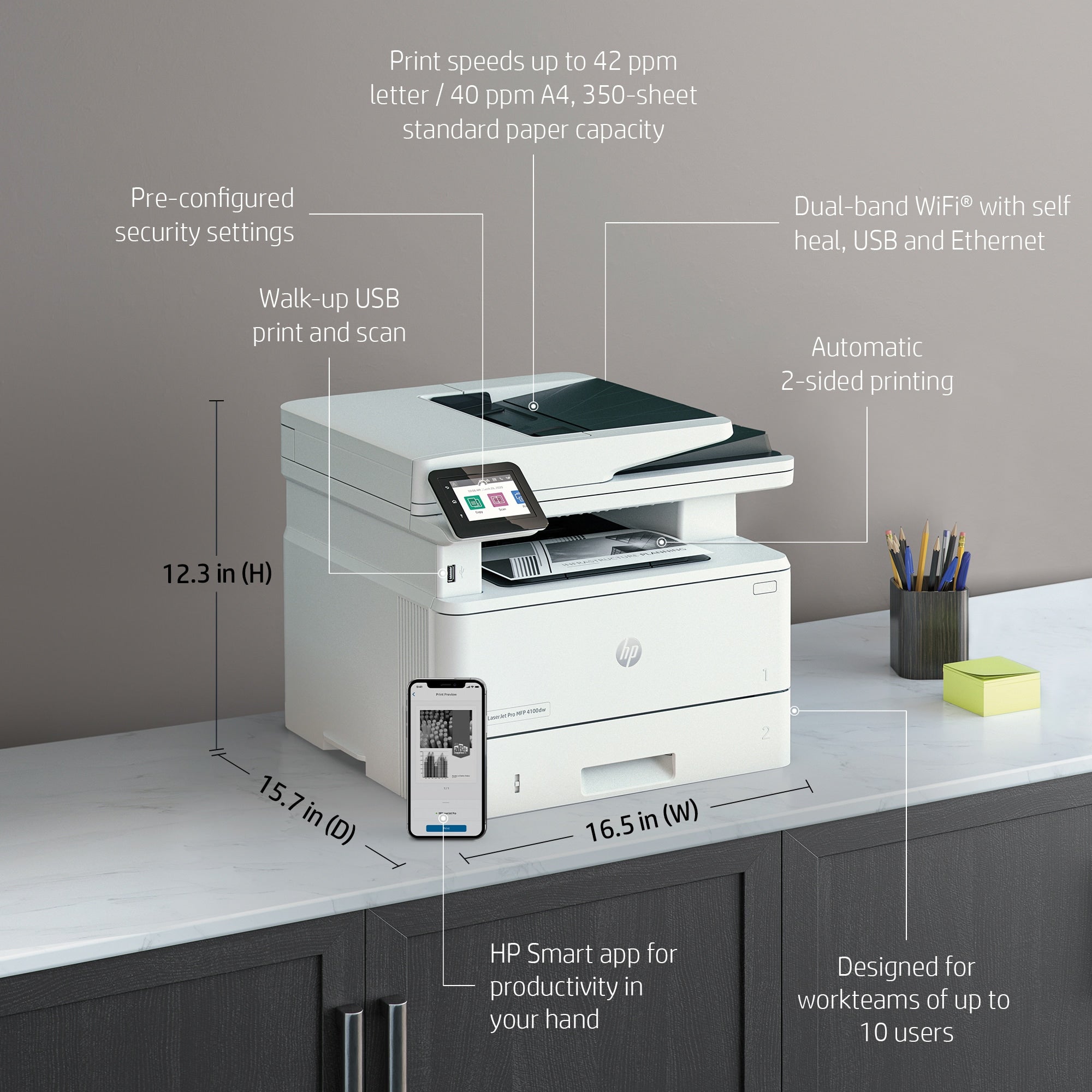 HP LaserJet Pro Imprimante 4002dw, Noir et blanc, Imprimante pour Petites/moyennes entreprises, Imprimer, Impression recto-verso; Vitesses de première page imprimée; Taille compacte; Éco-énergétique; Sécurité renforcée; Wi-Fi double fréquence 2Z606F#B19