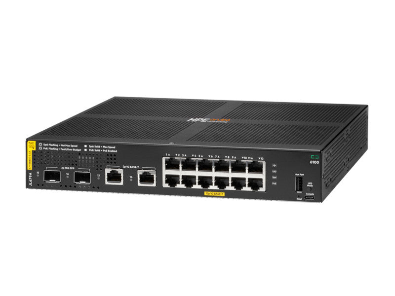 HPE Aruba Networking Aruba 6100 12G Class4 PoE 2G/2SFP+ 139W Managed L3 Gigabit Ethernet (10/100/1000) Power over Ethernet (PoE) 1U Black JL679A#B2C