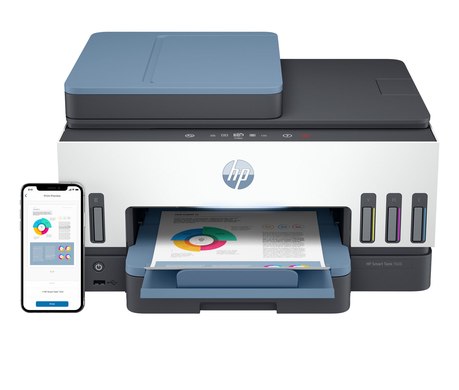 Imprimante tout-en-un HP Smart Tank 7606 avec écran tactile et connectivité sans fil